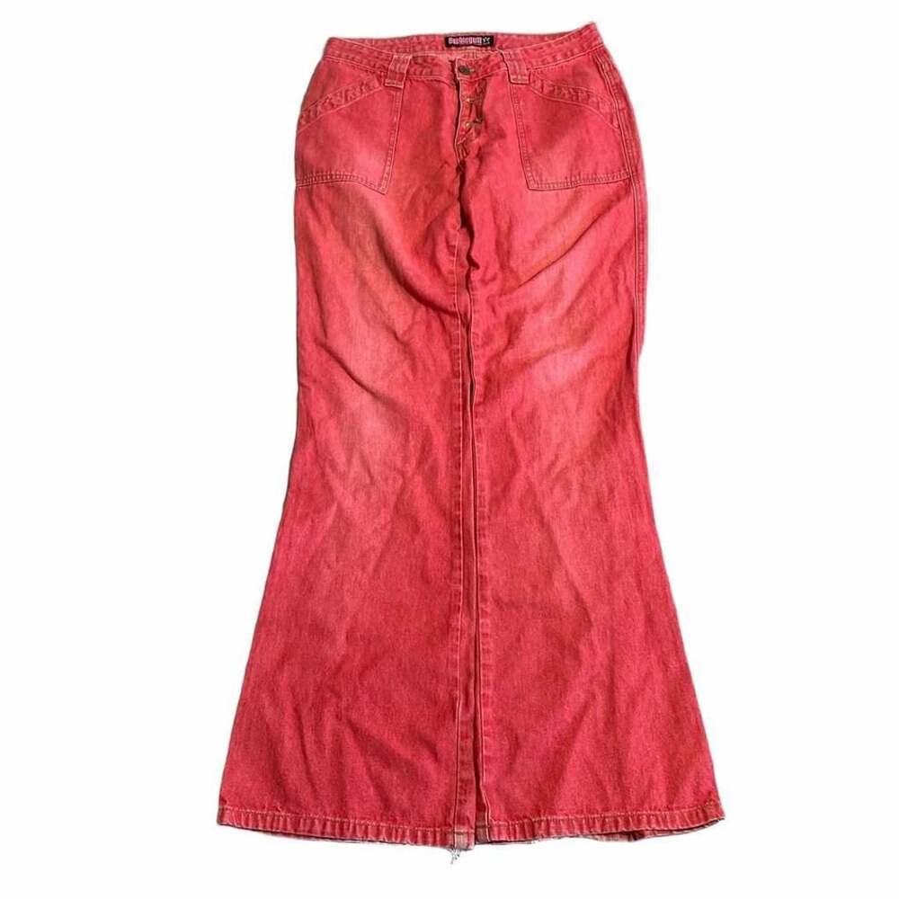 Bubblegum Flare Leg Pants Red Denim Y2K Low Rise Jeans